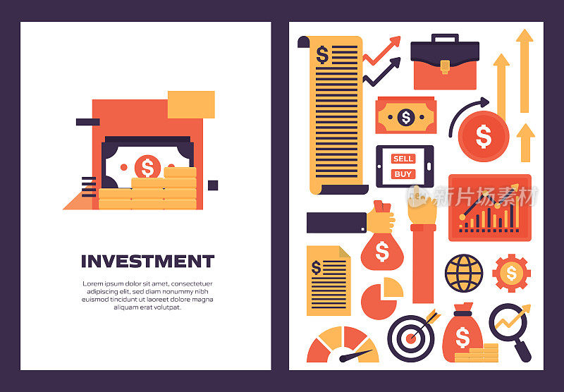 投资相关的矢量组的平面图标和网页横幅设计