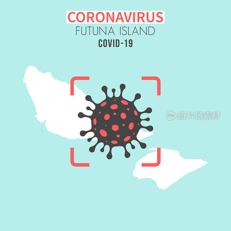 富图纳岛地图，红色取景器显示冠状病毒细胞(COVID-19)