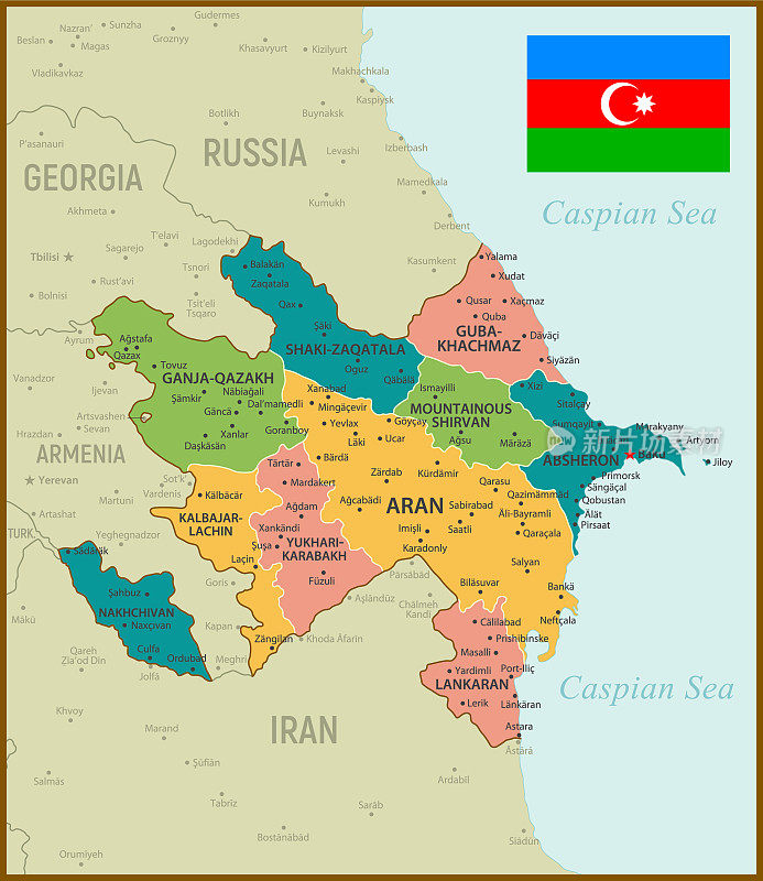 阿塞拜疆的古地图。矢量插图与柔和的颜色，地区，国旗和地理边界