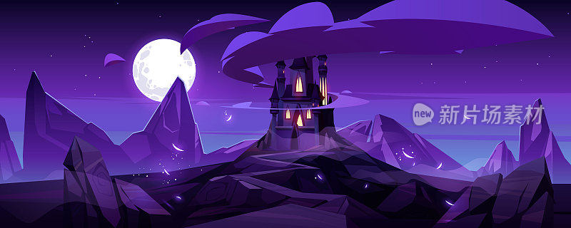 魔幻城堡在夜晚的山上童话宫殿