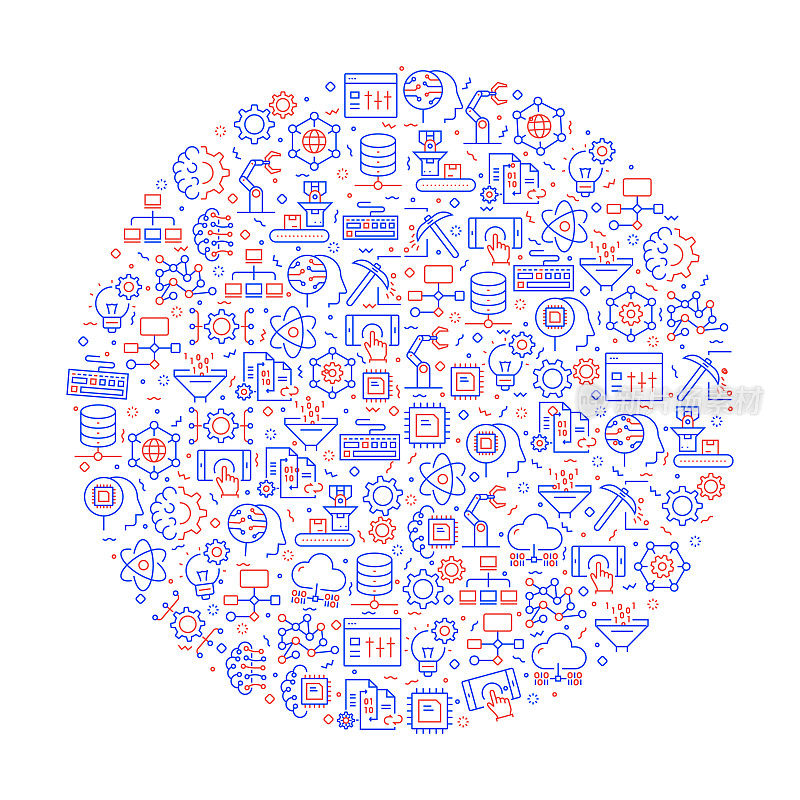 机器学习与图标相关的模式。现代线条风格矢量插图
