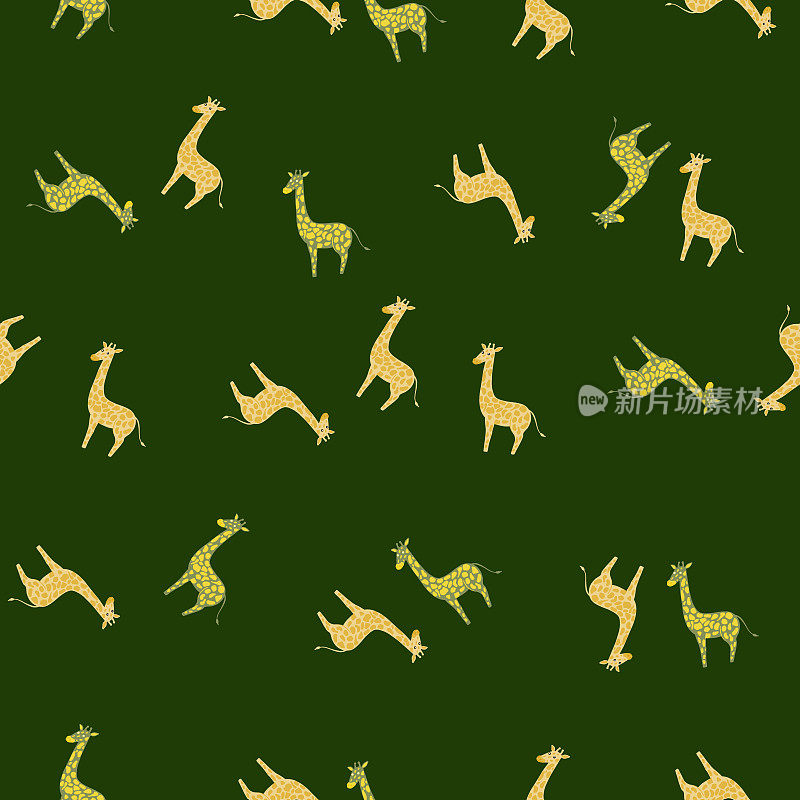 Safari无缝模式与小长颈鹿饰品。绿色背景。动物园手绘背景。