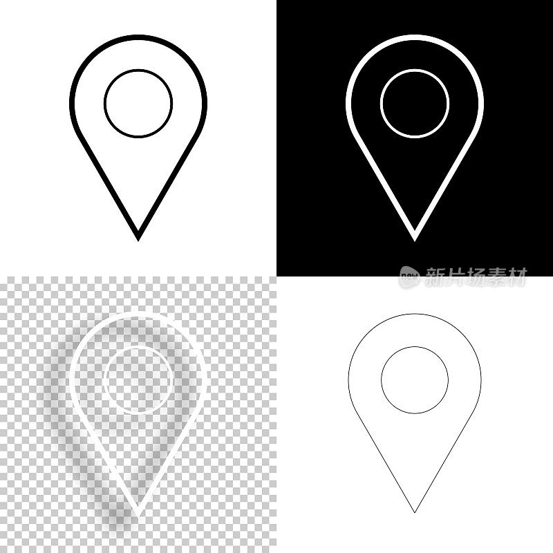 地图销。图标设计。空白，白色和黑色背景-线图标