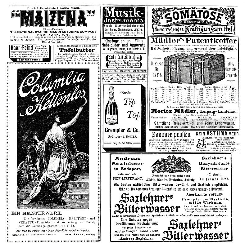 1899年刊登在德国杂志上的广告单，包括纽约的麦泽纳