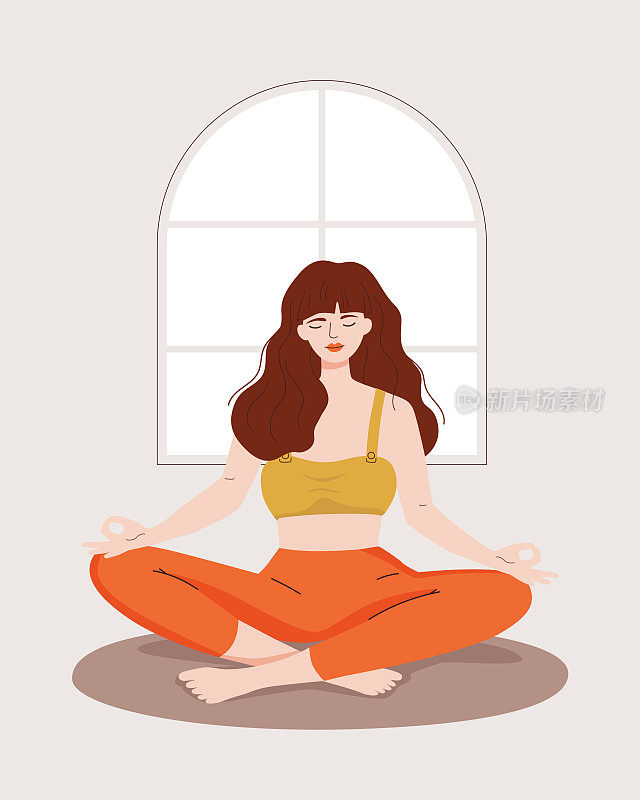 矢量女子闭着眼睛坐在家里莲花的姿势。冥想、瑜伽、放松、修行、娱乐、健康的生活方式。平的卡通插图。
