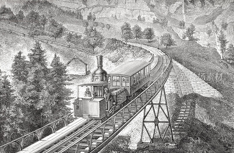 瑞士Rigi山Schnurtobel桥上的Rigi火车1873年
