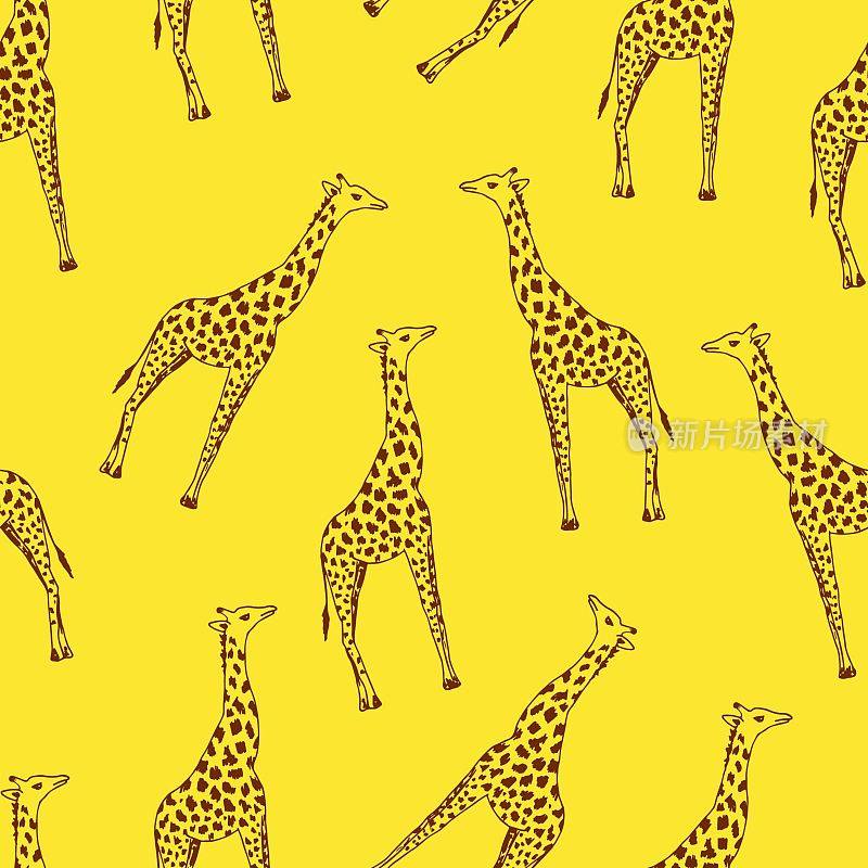 手绘明亮无缝矢量模式。黄色背景上的全长棕色长颈鹿。可爱的卡通印花儿童设计。