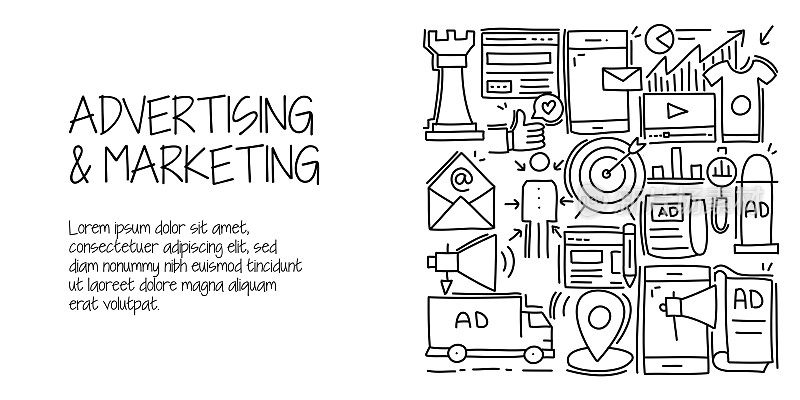 广告和营销相关的涂鸦插图。现代设计矢量插图的网页横幅，网站标题等。