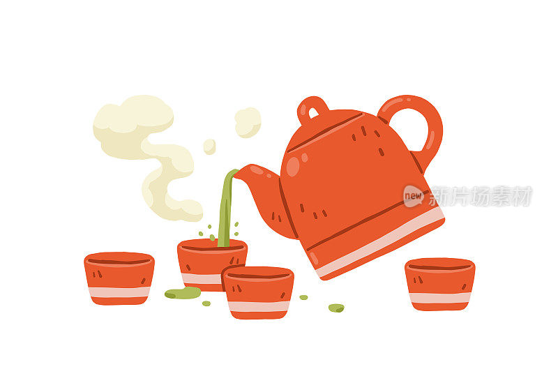 矢量红陶瓷茶壶将绿茶倒入红陶瓷茶杯中