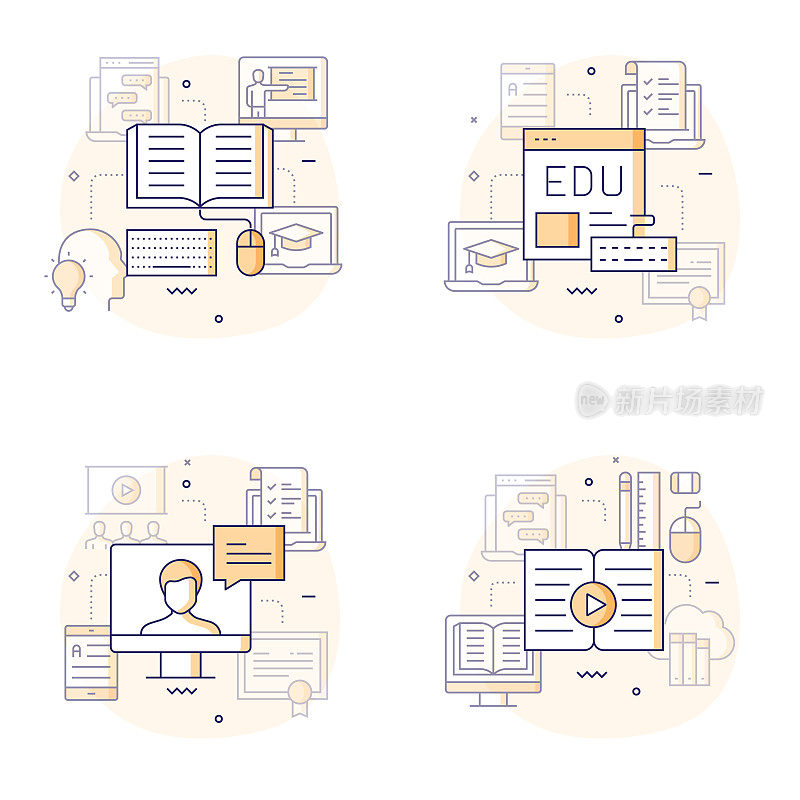 电子学习，在线教育和远程教育相关的现代矢量插图