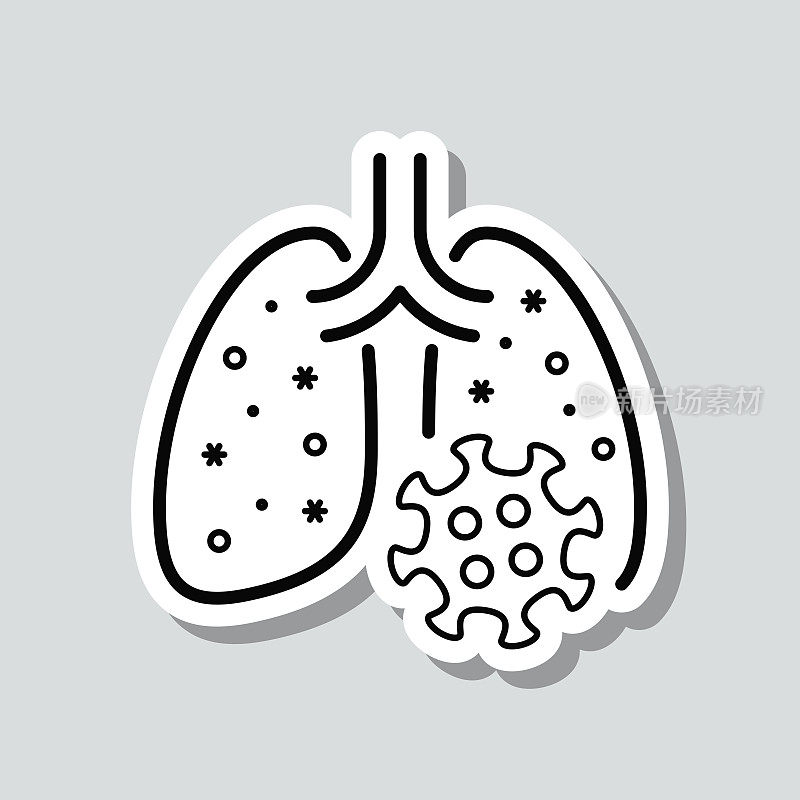 感染冠状病毒的肺部。图标贴纸在灰色背景