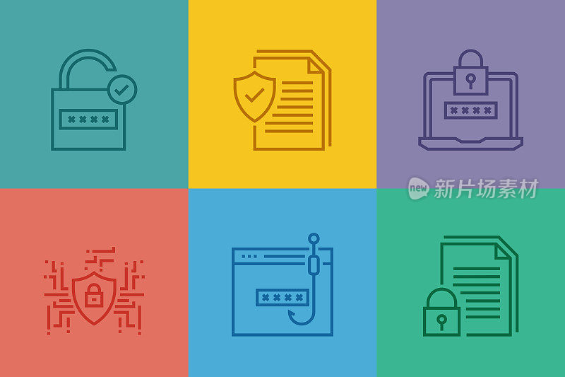 网络安全、数据安全相关线路图标。矢量轮廓符号插图。