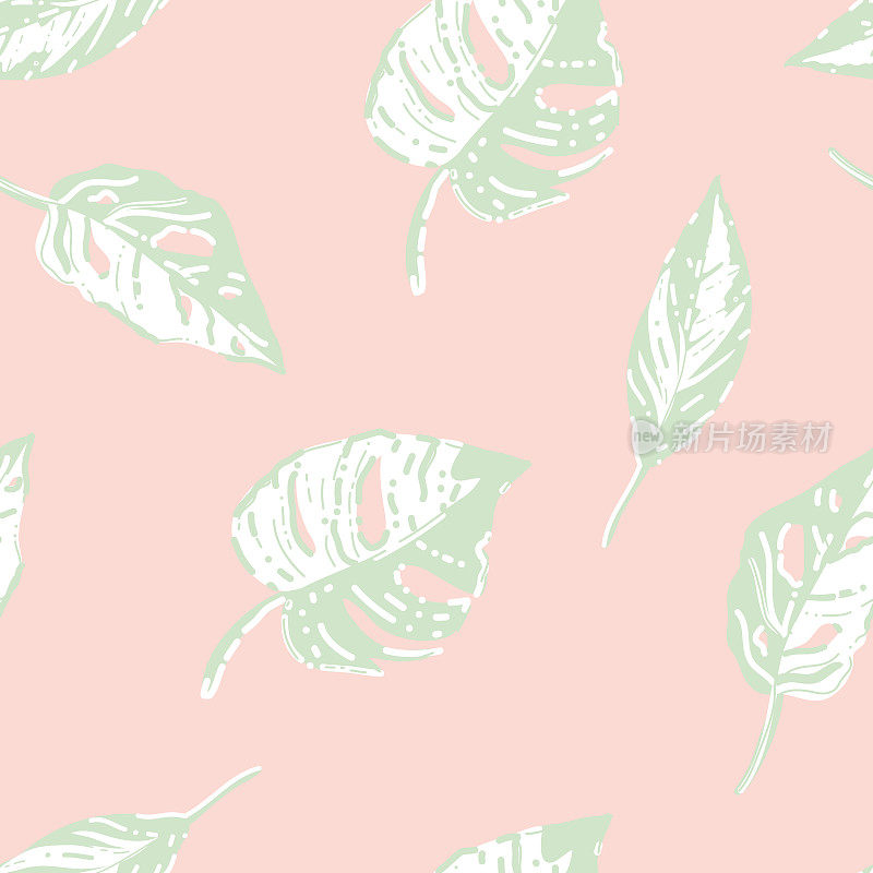 矢量粉彩Monstera叶在热带桃色无缝图案背景。完美的织物，剪贴簿和墙纸项目。