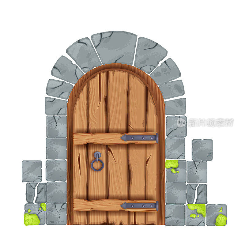 古老的矢量城堡门，木制的老式房屋入口，开裂的石墙拱门瓷砖，中世纪的门户。