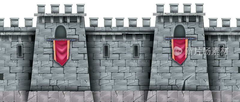 城堡的石墙无缝背景，中世纪城市的砖墙防御塔，标准，漏洞。