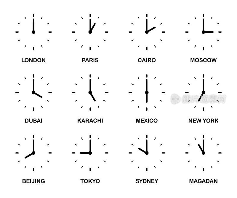 时钟时区设置-矢量插图。不同时区的时间。箭头-钟面上的小时，分钟。时钟时间流逝。