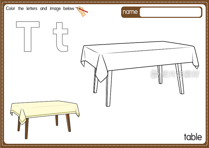 矢量插图的儿童字母着色书页与概述剪贴画，以颜色。字母T代表表格。