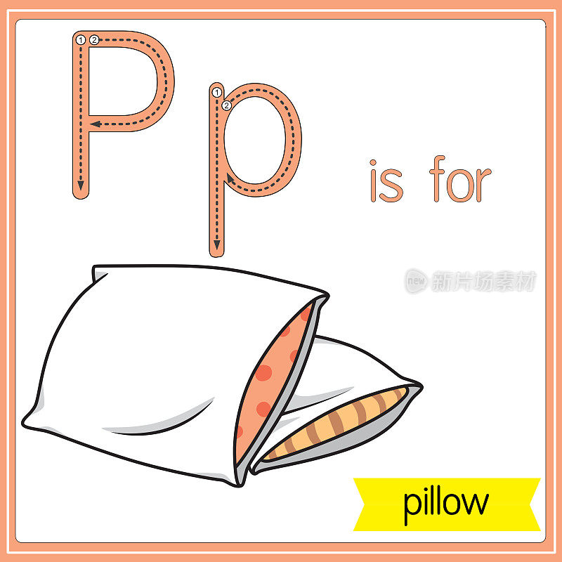 矢量插图学习字母为儿童与卡通形象。字母P代表枕头。