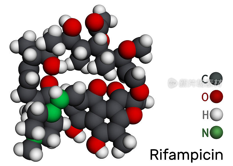 利福平、利福平分子。它是半合成抗生素，用于治疗分枝杆菌感染，麻风病，结核病，禽分枝杆菌复合体。分子模型。三维渲染