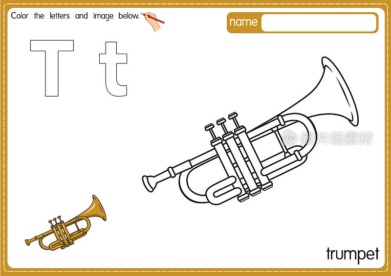 矢量插图的儿童字母着色书页与概述剪贴画，以颜色。字母T代表喇叭。