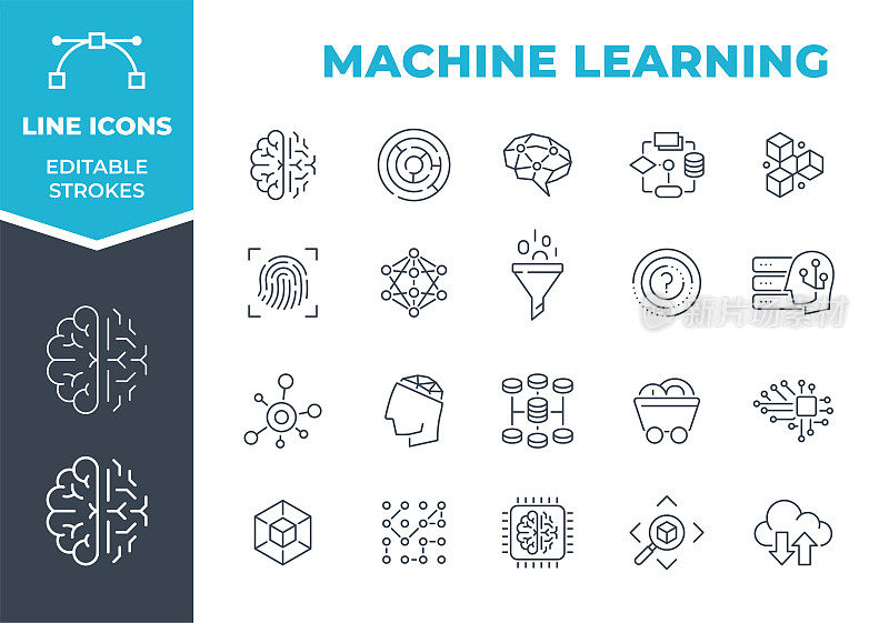 机器学习-线条图标。可编辑的中风。向量股票插图