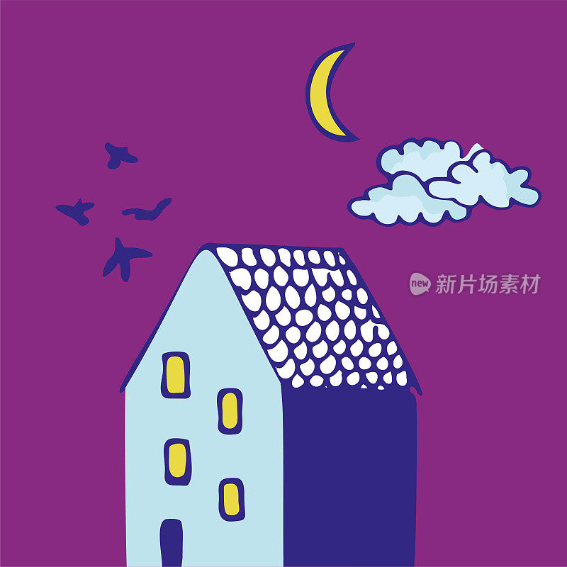 矢量插图的房子与鸟和夜空，星星和月亮。涂鸦设计元素