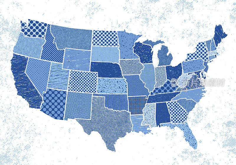 美国州地图与随机垃圾纹理-蓝色阴影