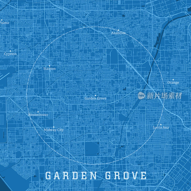 花园格罗夫CA城市矢量道路地图蓝色文本