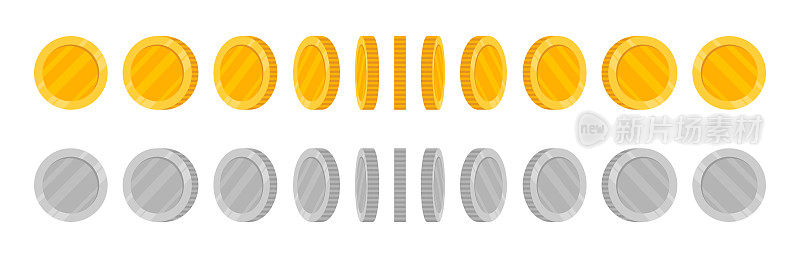 旋转硬币设置动画。金银钱币收藏在不同角度旋转效果。向量