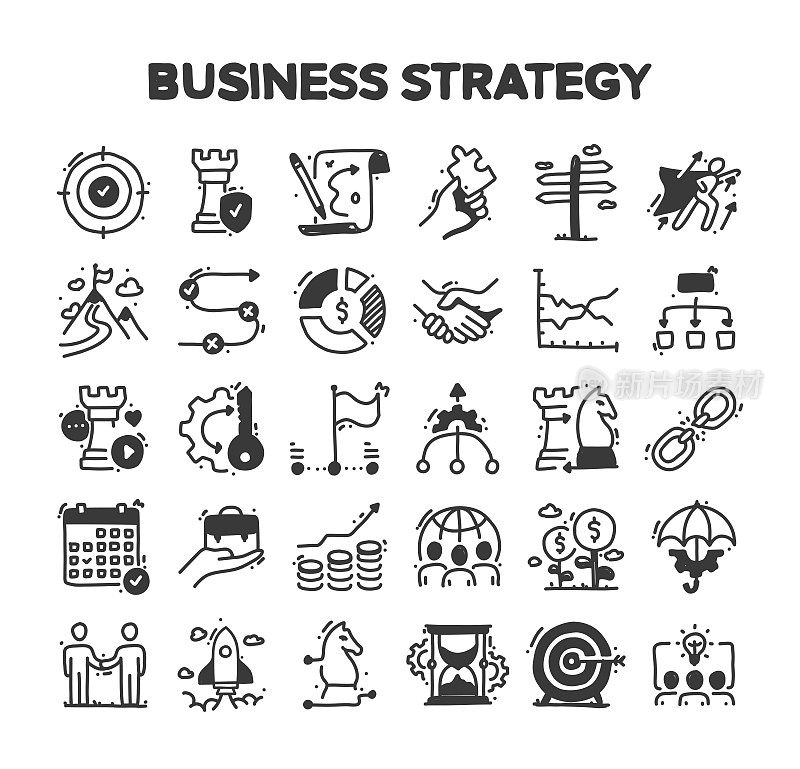 商业策略相关的手绘矢量涂鸦图标集