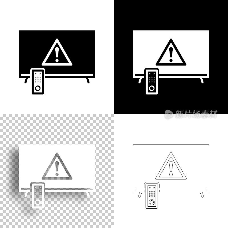 电视与危险警告注意。图标设计。空白，白色和黑色背景-线图标