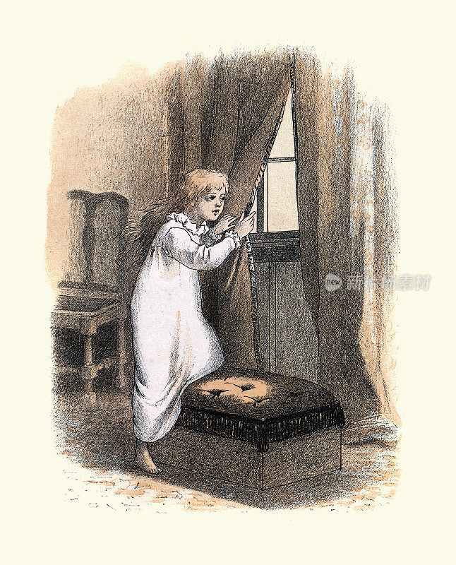 年轻女孩透过窗户向外窥视，维多利亚时代，19世纪80年代，19世纪