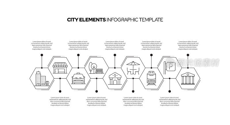 城市元素概念矢量线信息图形设计图标。9选项或步骤的介绍，横幅，工作流程布局，流程图等。