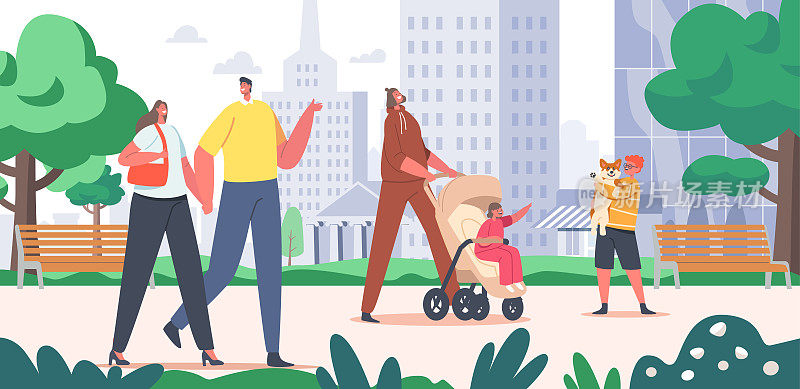 在城市公园散步的人们。爱的夫妇手牵着手，母亲带着婴儿在婴儿车里散步，孩子拥抱有趣的狗