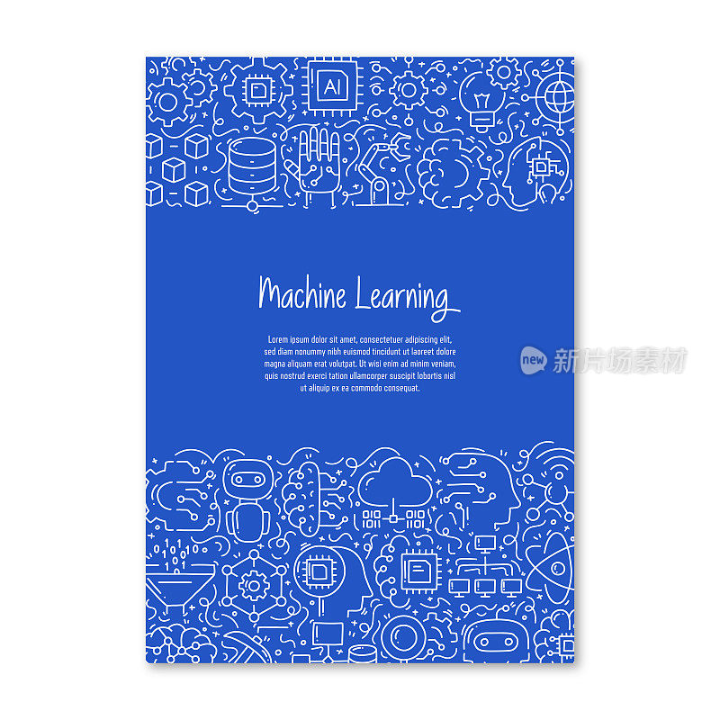 机器学习相关的对象和元素。手绘矢量涂鸦插图集合。海报,封面模板与不同的机器学习对象
