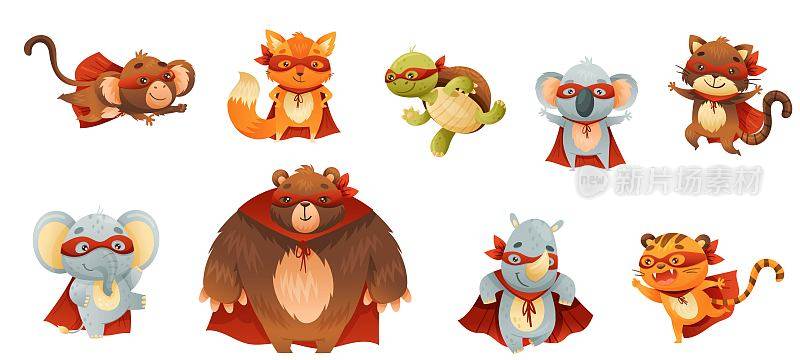 动物角色超级英雄穿着面具和红色斗篷或斗篷向量集
