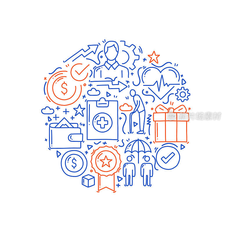 员工福利相关对象和元素。手绘矢量涂鸦插图集合。手绘图案设计