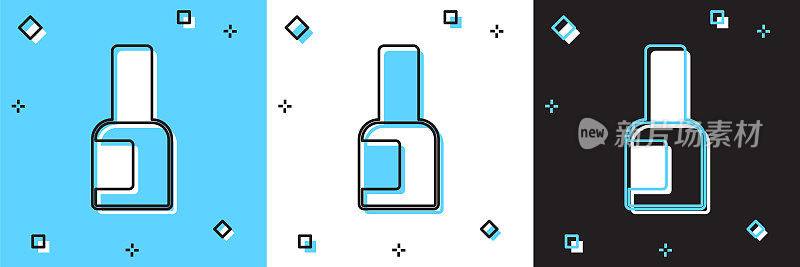 设置瓶指甲油图标孤立在蓝色和白色，黑色背景。向量