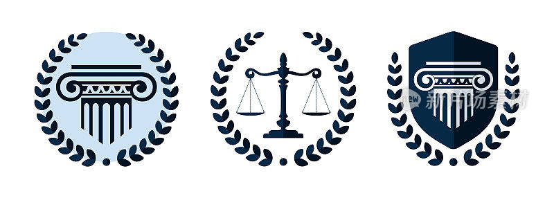 律师事务所矢量标志设置。律师事务所的标志，带有正义的支柱和尺度。法律中心或法律倡导者的象征。