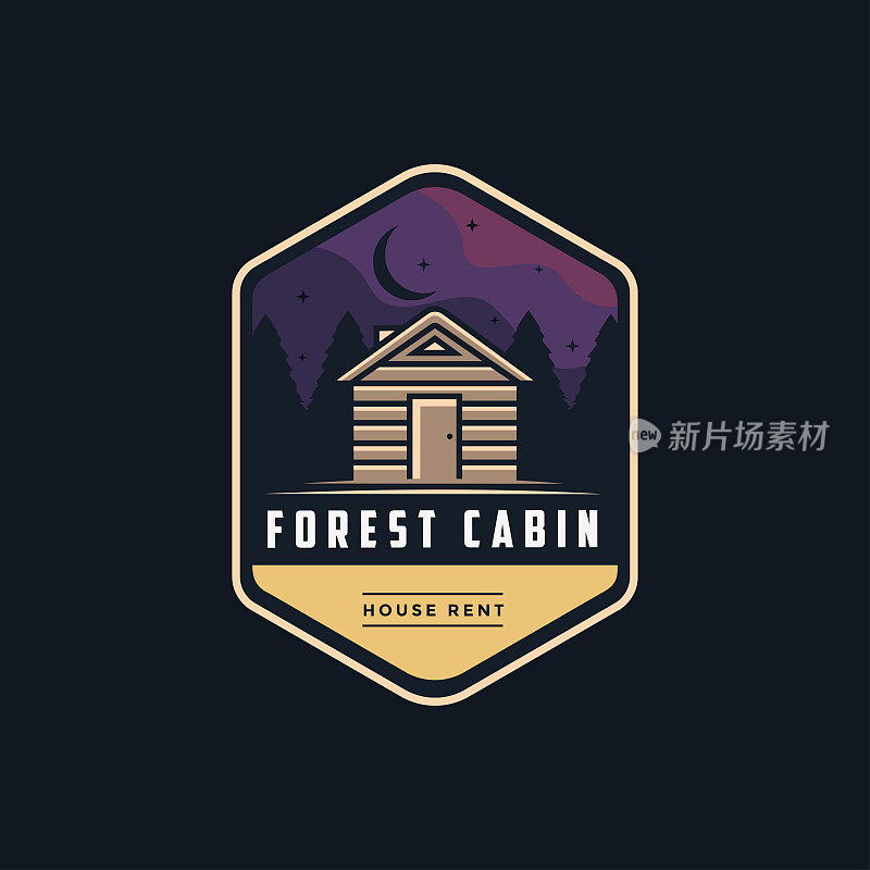 复古的现代户外徽标与森林视图和森林徽标图标向量木屋小屋徽标矢量，小屋徽标模板在黑暗的背景