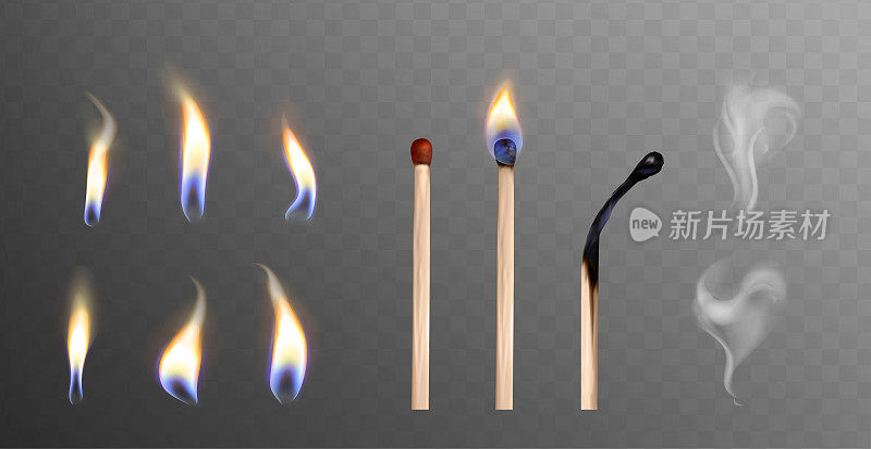 燃烧的木头火柴，火焰和烟的现实设置