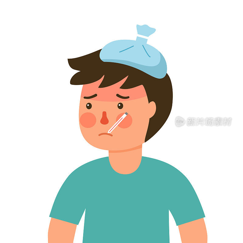患有流感或感冒过敏的男孩。生病的孩子发烧了，用嘴衔着体温计。流感的治疗。COVID-19冠状病毒感染。