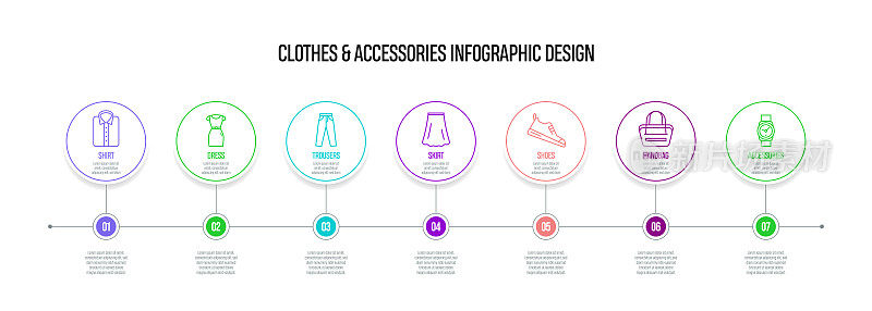 服装和配件概念矢量线信息图形设计图标。7选项或步骤的介绍，横幅，工作流程布局，流程图等。