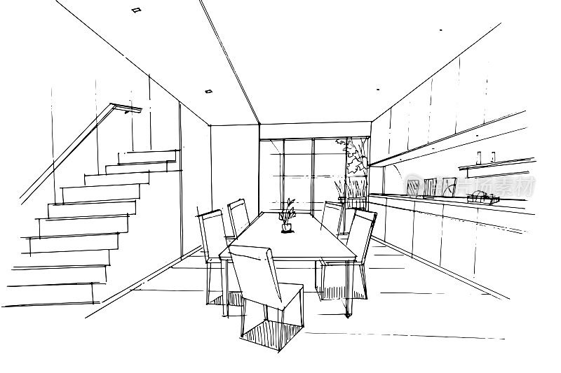 素描餐厅和储藏室，现代设计，矢量，2d插图
