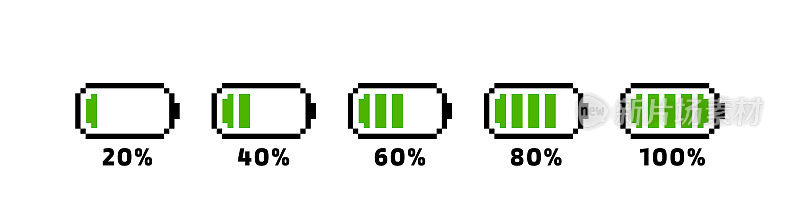电池充电的过程。不同的电池电量。一组像素电池电量指示器。像素艺术8位。矢量图