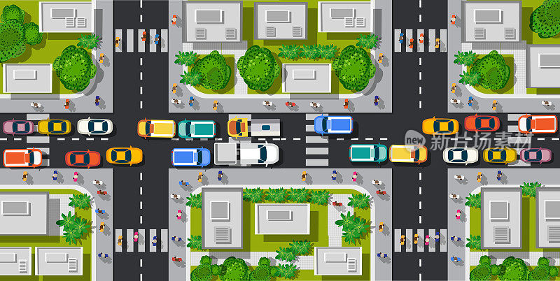 道路顶视图与高速公路许多不同的车辆。