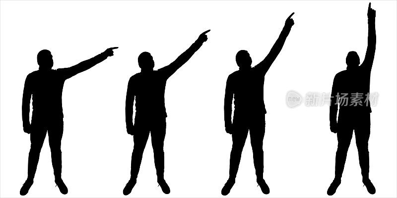 一个身材魁梧的家伙举着手站着。正面，正面。男人用手指示方向，手指指向不同的方向。四名黑人男性的剪影被隔离在白色上