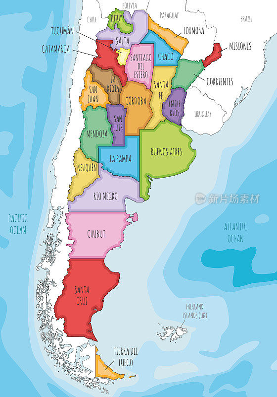 矢量图解地图的阿根廷各省或联邦州和行政区划，以及邻国和领土。可编辑和明确标记层。