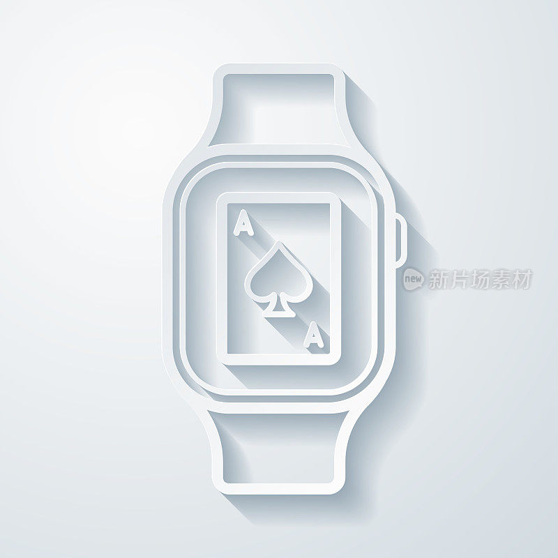 带有扑克牌的智能手表。空白背景上剪纸效果的图标