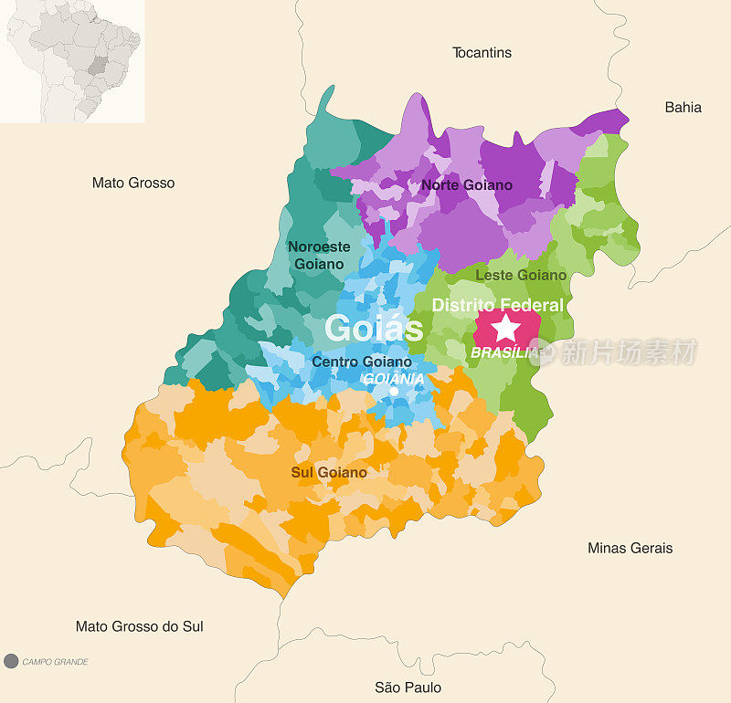 巴西各州Goias和Distrito联邦行政地图，按州区(中区)划分城市
